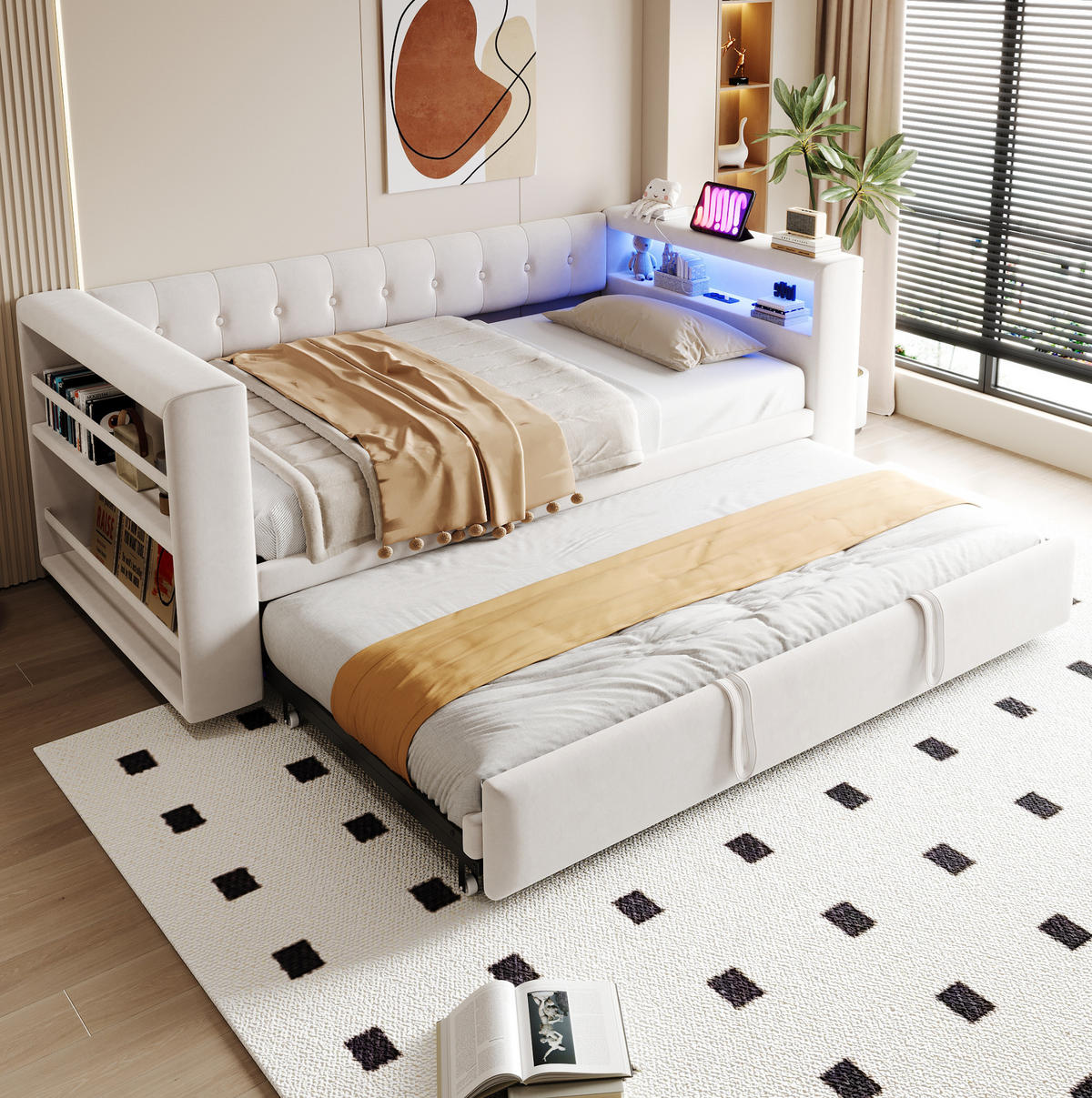 POLOHOVACÍ pohovka 90/180 × 190 cm béžová z flanelu s LED osvětlením, zásuvkami a úložným prostorem - béžová, kompozitní dřevo (90/190cm) - OKWISH