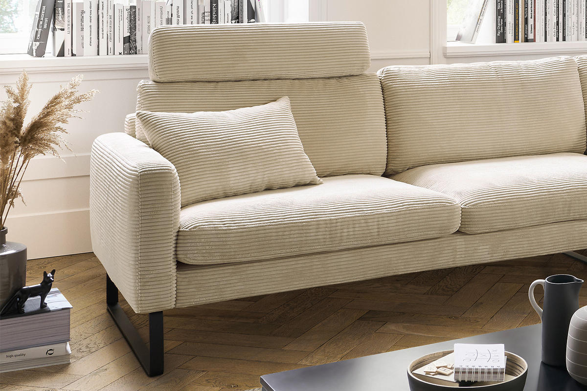 ECKSOFA RICARDA Cremeweiß Cord - Creme/Schwarz, Textil/Metall (298/154cm) - KAWOLA