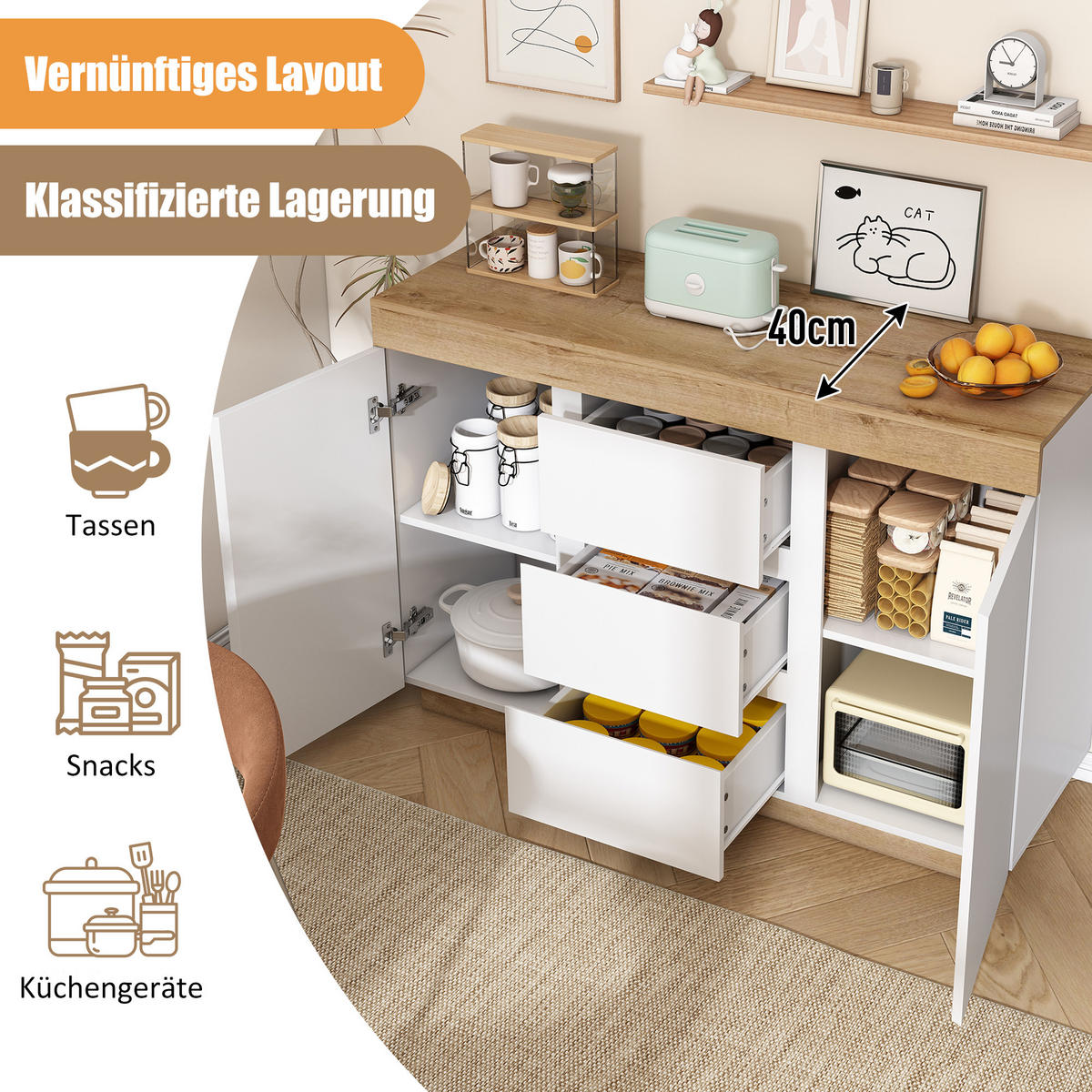 SIDEBOARD in Weiß und Eiche Kommode mit 3 Schubladen und 2 Türen für Schlafzimmer und Wohnzimmer, B120.5/T40.2/H82.5cm - Eichefarben/Weiß, Holzwerkstoff/Metall (120.5/82.5/40.2cm) - STILVORA