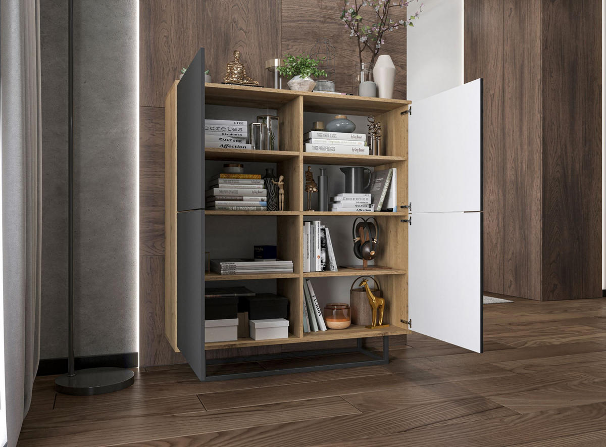 KOMMODE Apollo 4D Eiche wotan Graphit Matt 113 cm - Graphitfarben/Schwarz, Holzwerkstoff/Metall (113/127/35cm) - Meble Lindner