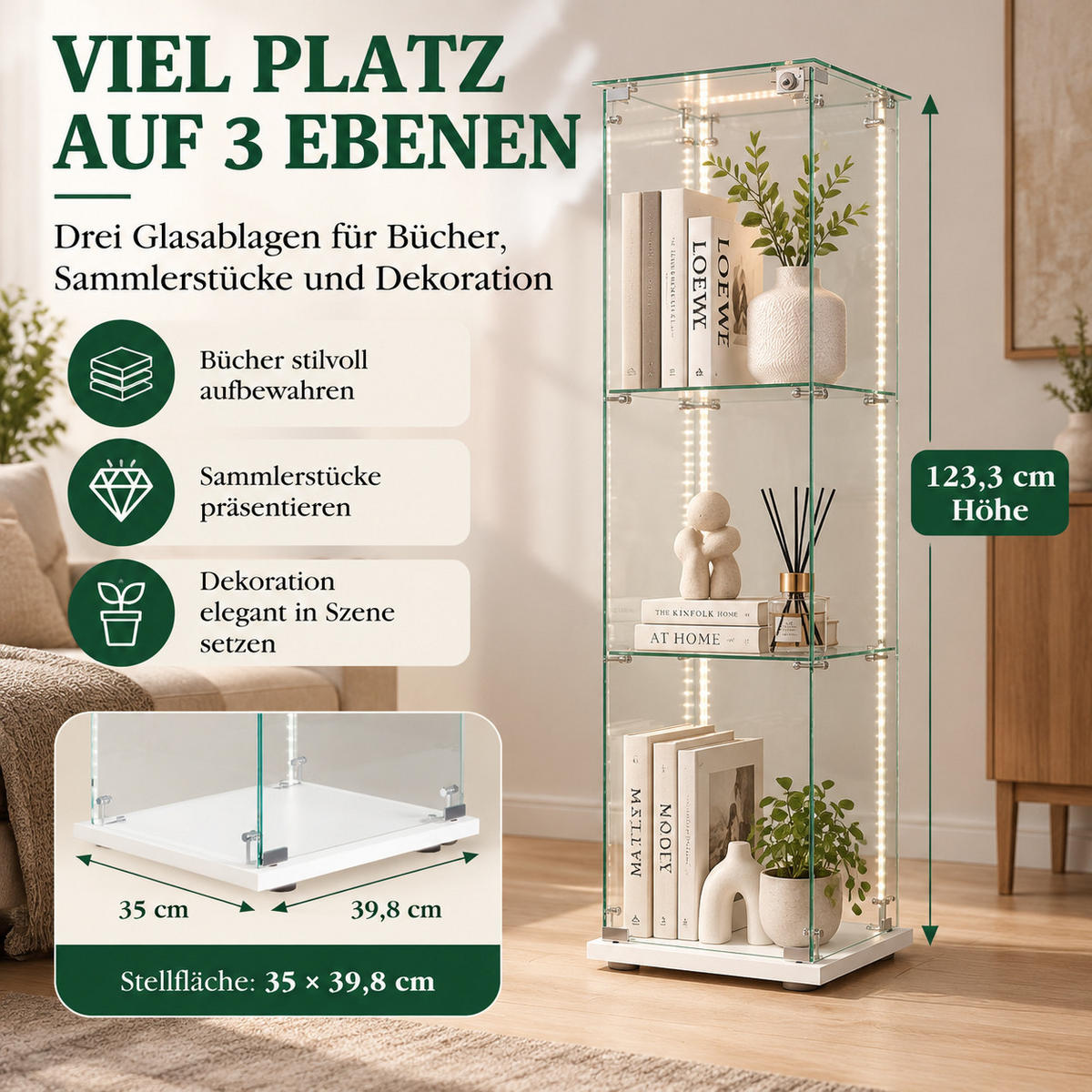 VITRINE mit RGB-Randbeleuchtung, 3-stufig, Weiß - Weiß, Glas (39.8/123.3/35cm) - Joyfair