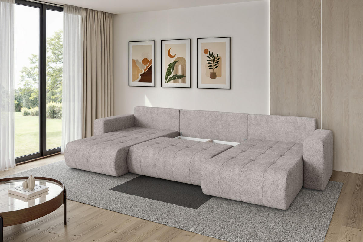 SEDACÍ SOUPRAVA DO U s funkcí spaní a úložným prostorem MILA-U 378x194x86 světle šedá velur - černá/světle šedá, kompozitní dřevo/textil (378/86/194cm) - ALTDECOR