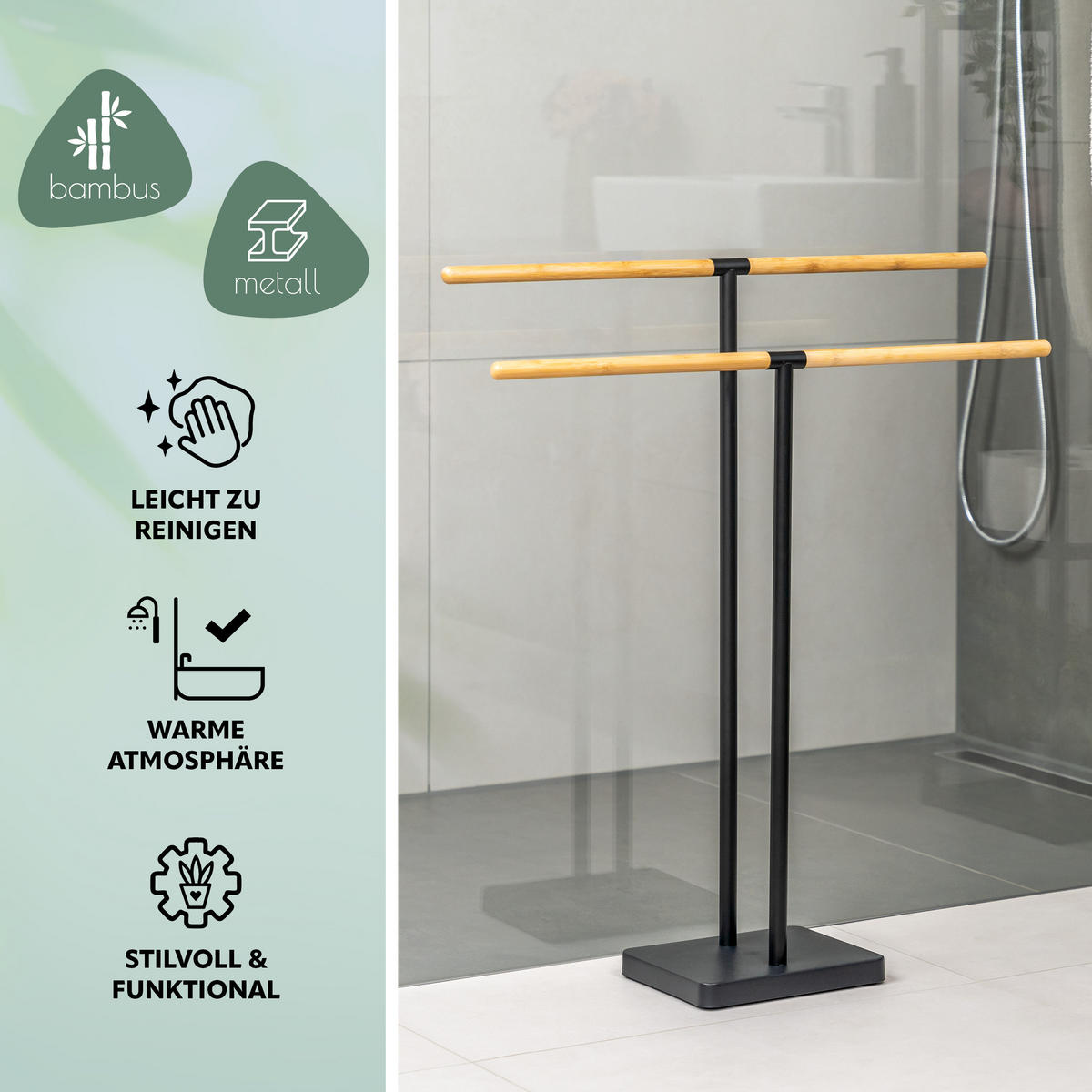 STAND-HANDTUCHHALTER, Bambus/Metall schwarz - Schwarz, Metall (68.5/79/18cm) - eluno