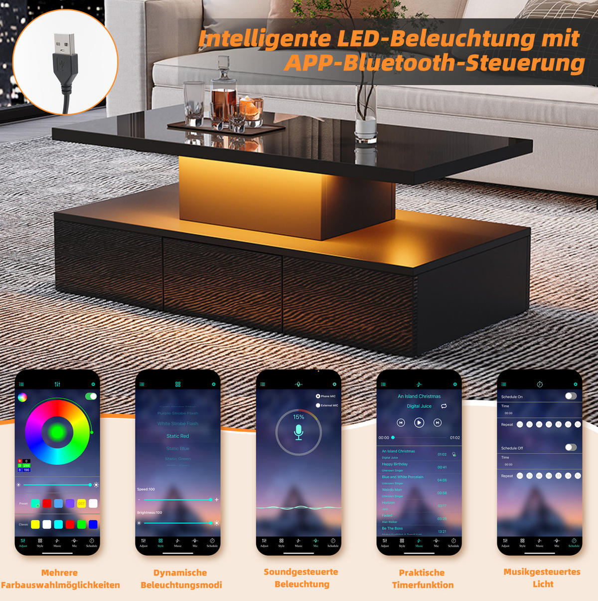 COUCHTISCH 100/50/39 cm schwarz aus Spanplatte mit LED-Licht und Stauraum - Schwarz, Holzwerkstoff (100/50/39cm) - OKMYHOME