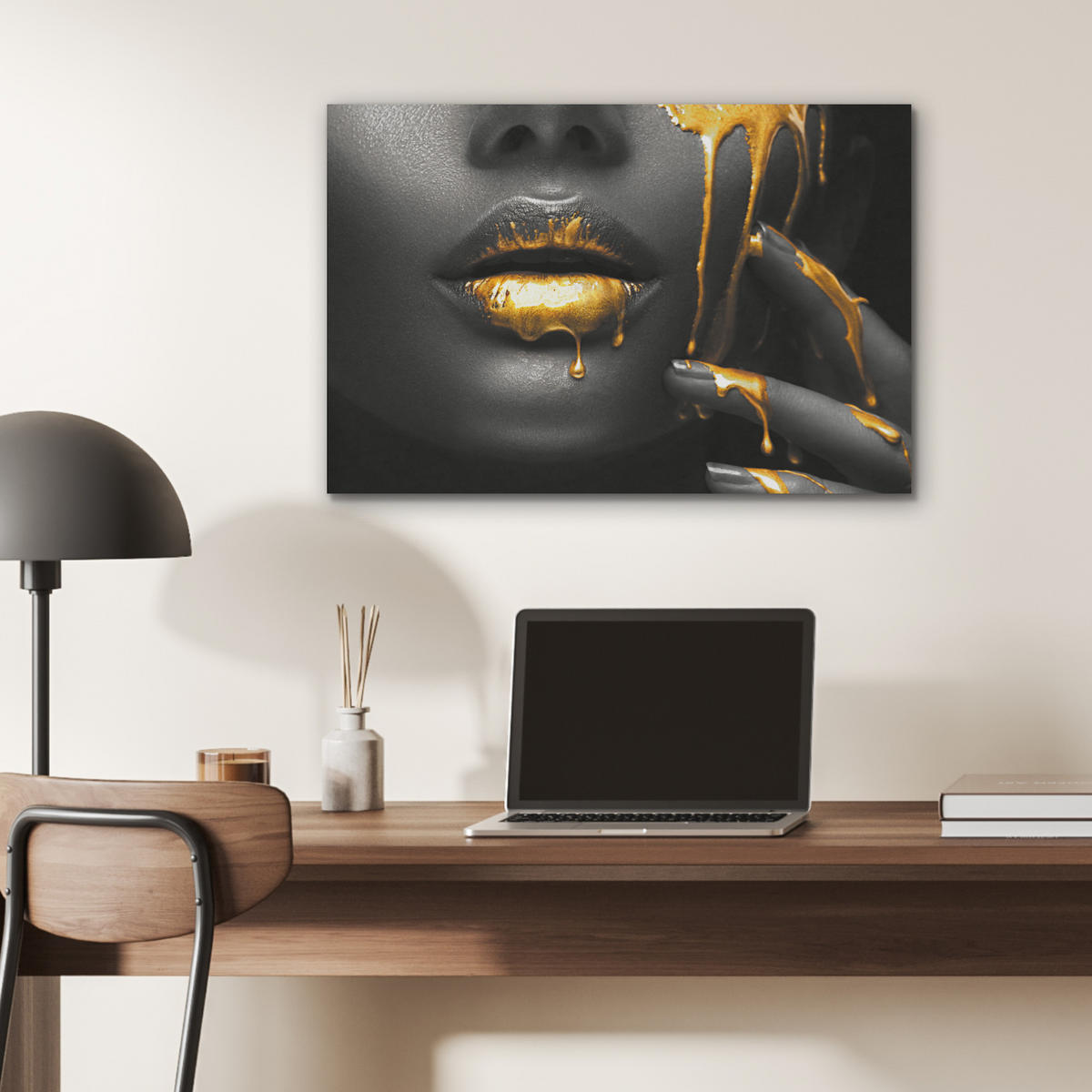 AKUSTIKBILD Frau - Schwarz - Gold - Gesicht - Lippen Wanddeko 70x50 cm - Goldfarben, Kunststoff (70/50/0.9cm) - MuchoWow