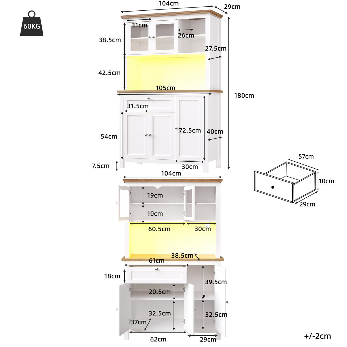 SKŘÍŇ na nádobí 104/40/180 cm bílá, MDF, s LED osvětlením a nastavitelnými policemi - bílá, kompozitní dřevo (104/180/40cm) - BEAOK