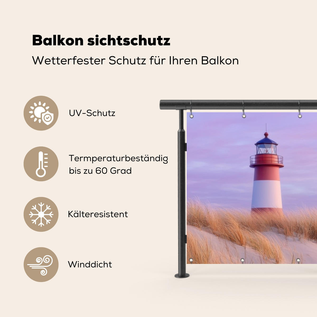BALKON-SICHTSCHUTZ Leuchtturm - Dünen - Sonnenuntergang 500x120 cm - Hellrosa, Kunststoff (500/120cm) - MuchoWow