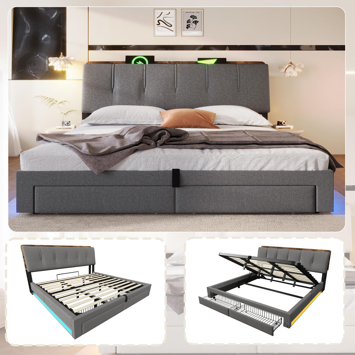 POLSTERBETT 180/200 cm Grau mit USB-Typ-C-Ladeanschluss, LED-Beleuchtung und 2 Schubladen - Grau, Textil (180/200cm) - Oxeza