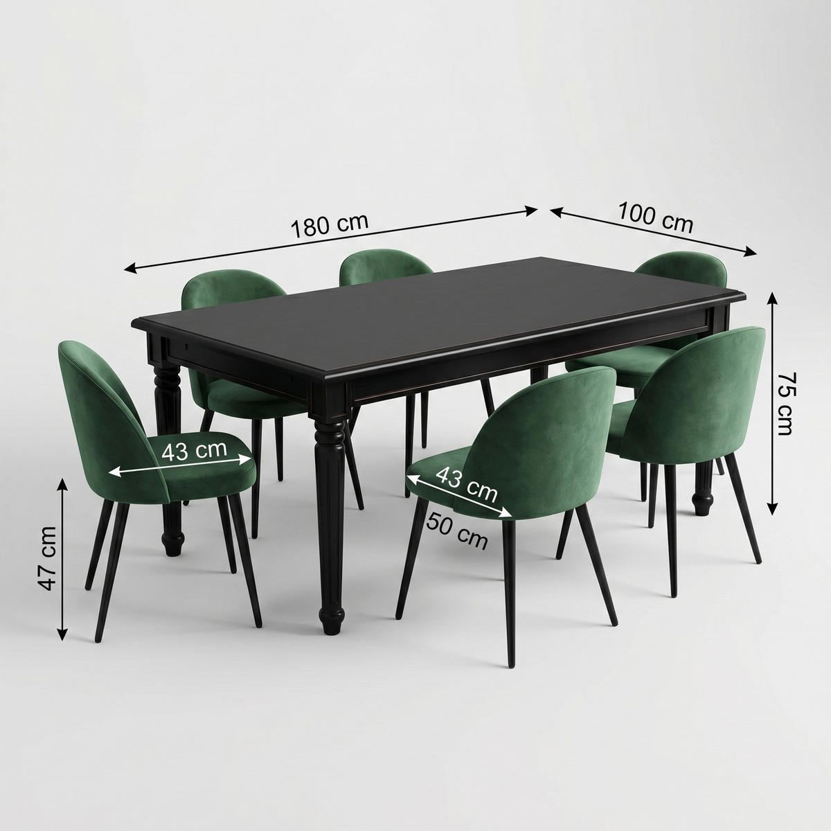 ESSGRUPPE Amaretta mit Esstisch Schwarz und 6 Stühlen Grün, 180 x 100 cm - Grün, Holz/Textil (180/75/100cm) - ebuy24