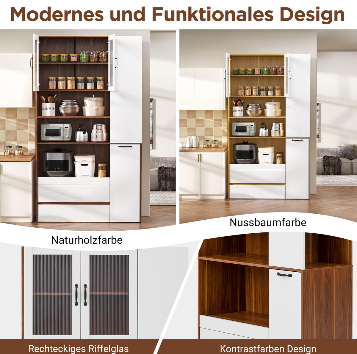 HIGHBOARD 100/40/200 cm in Weiß/Nussbaum mit Riffelglas und 2 Schubladen - Weiß, Holzwerkstoff (100/200/40cm) - Flora Grace