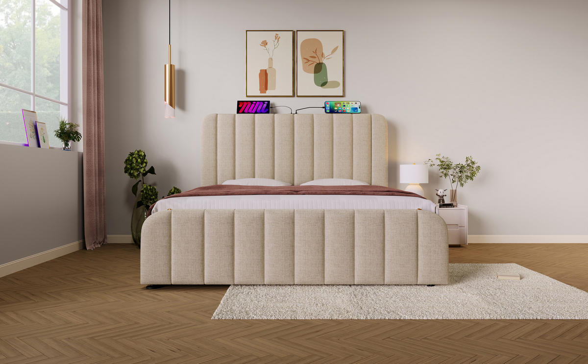 POLSTERBETT 180/200 cm in Beige Leinen mit Stauraum, USB und Type-C - Beige, Holzwerkstoff/Textil (180/200cm) - WISHDOR