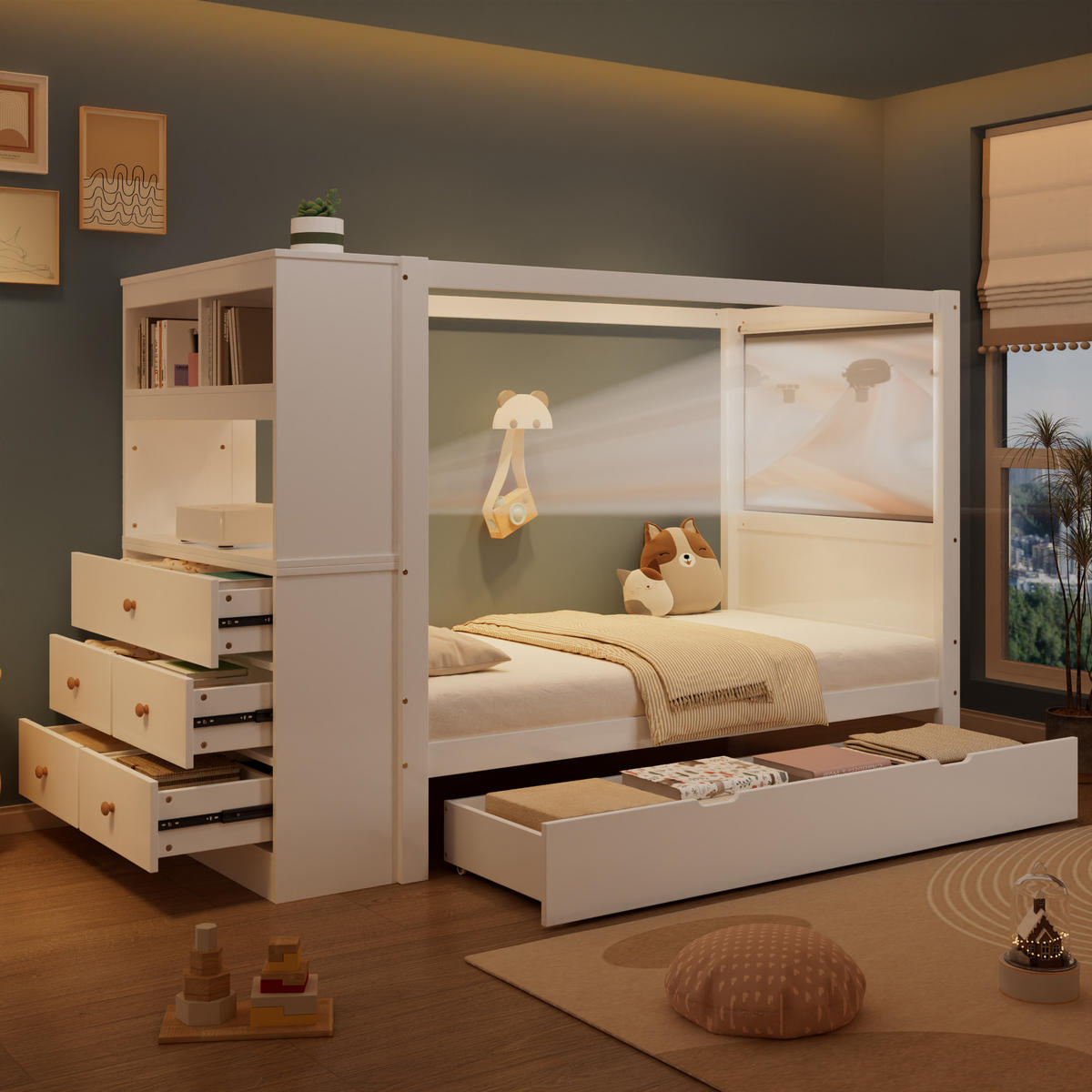 EINZELBETT 90/200 cm Weiß mit Stauraum und Fallschutz aus Kieferholz und MDF - Weiß, Holzwerkstoff (90/200cm) - OKWISH