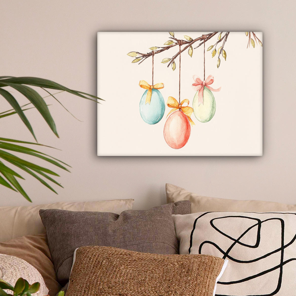 LEINWANDBILD Osterkuchen - Schleife - Eier Wandbild 40x30 cm - Creme, Textil (40/30cm) - MuchoWow