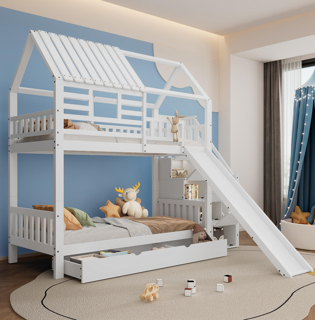 POSCHODOVÁ posteľ 90/200 cm biela so schodmi, šmykľavkou a úložným priestorom z masívneho dreva a MDF - biela, kompozitné drevo (90/200cm) - OKWISH
