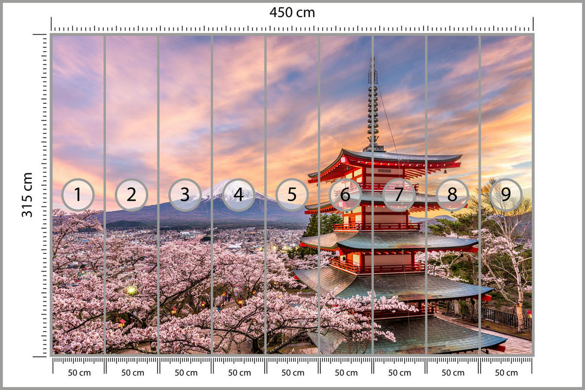 FOTOTAPETE für Wohnzimmer Japanische Pagode Frühling Sonnenuntergang 450x315 - Rot/Violett, Papier (450/315cm) - Muralo