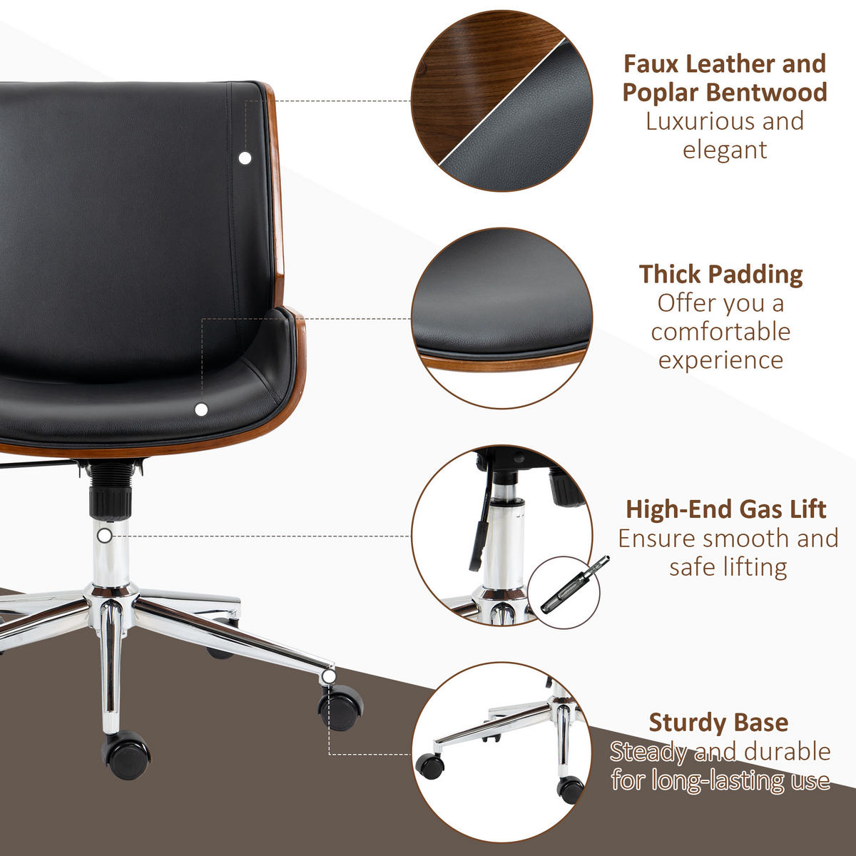 BÜROSTUHL mit Wippfunktion, Ergonomischer Computerstuhl, bis 120 kg Belastbar - Schwarz, Leder (60/96/53cm) - Vinsetto