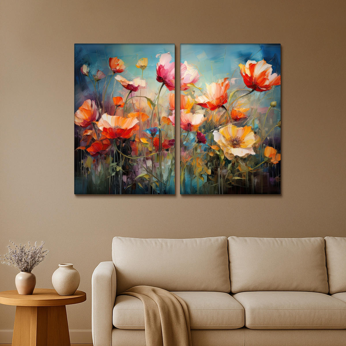 LEINWANDBILD 2er Set Blumen - Bunt - Abstrakt 160x120 cm - Blaugrau, Textil (160/120cm) - MuchoWow