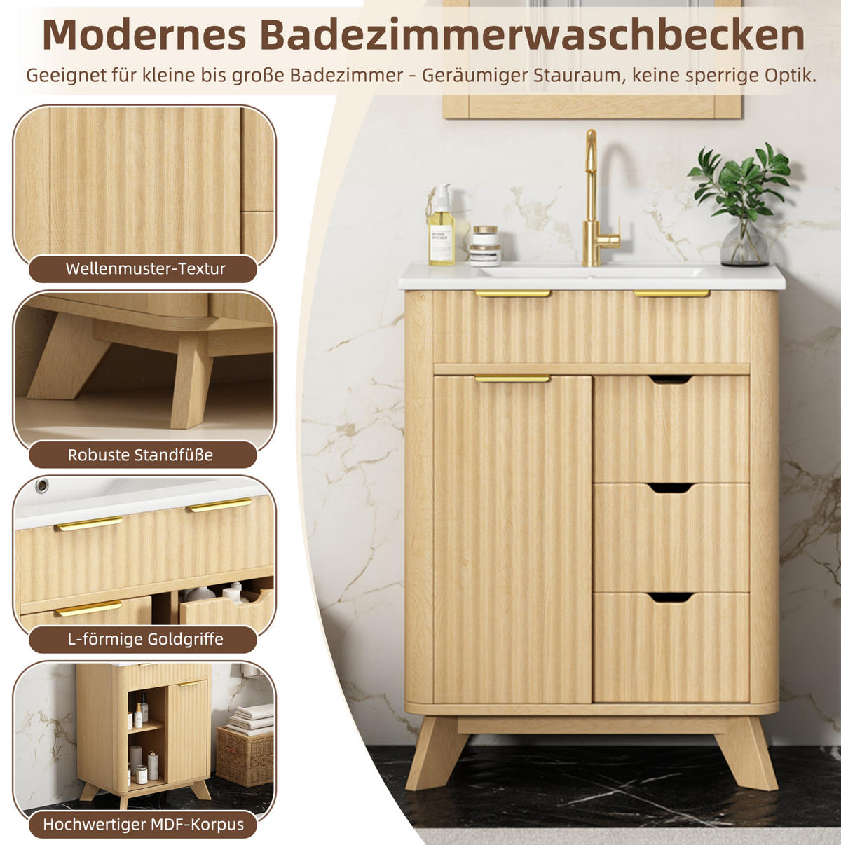 WASCHTISCHKOMMODE aus MDF und Keramik 61x47x90 cm Naturholz mit Schiebetür, 3 Schubladen und Keramikwaschbecken - Eichefarben, Keramik (61/90/47cm) - Modfu