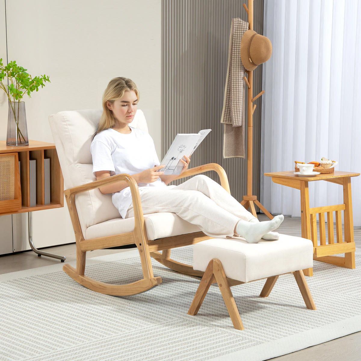 SCHAUKELSTUHL mit Hocker, Weiche Polsterung, Leinenoptik, Holzrahmen, Cremeweiß - Weiß, Textil (65/94.5/96cm) - HOMCOM