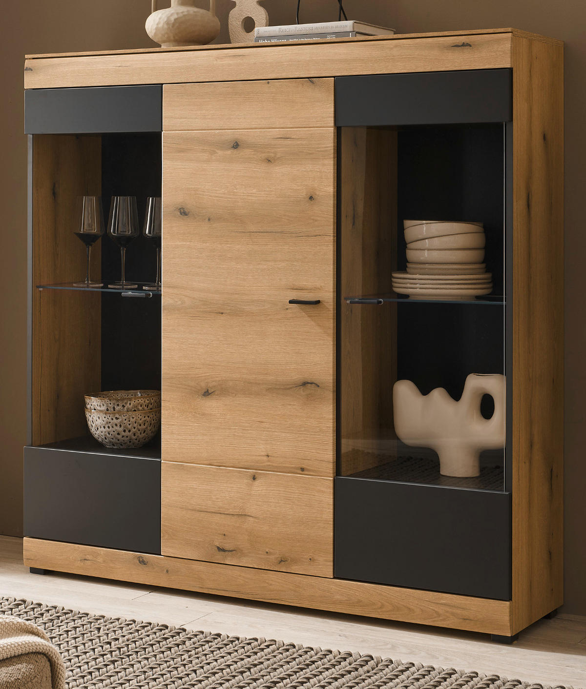 HIGHBOARD in Eiche, grau 140 x 141 cm, Vitrine mit Soft-Close - Kaschmir/Eichefarben, Glas/Holzwerkstoff (140/141/35cm) - Furn.Design