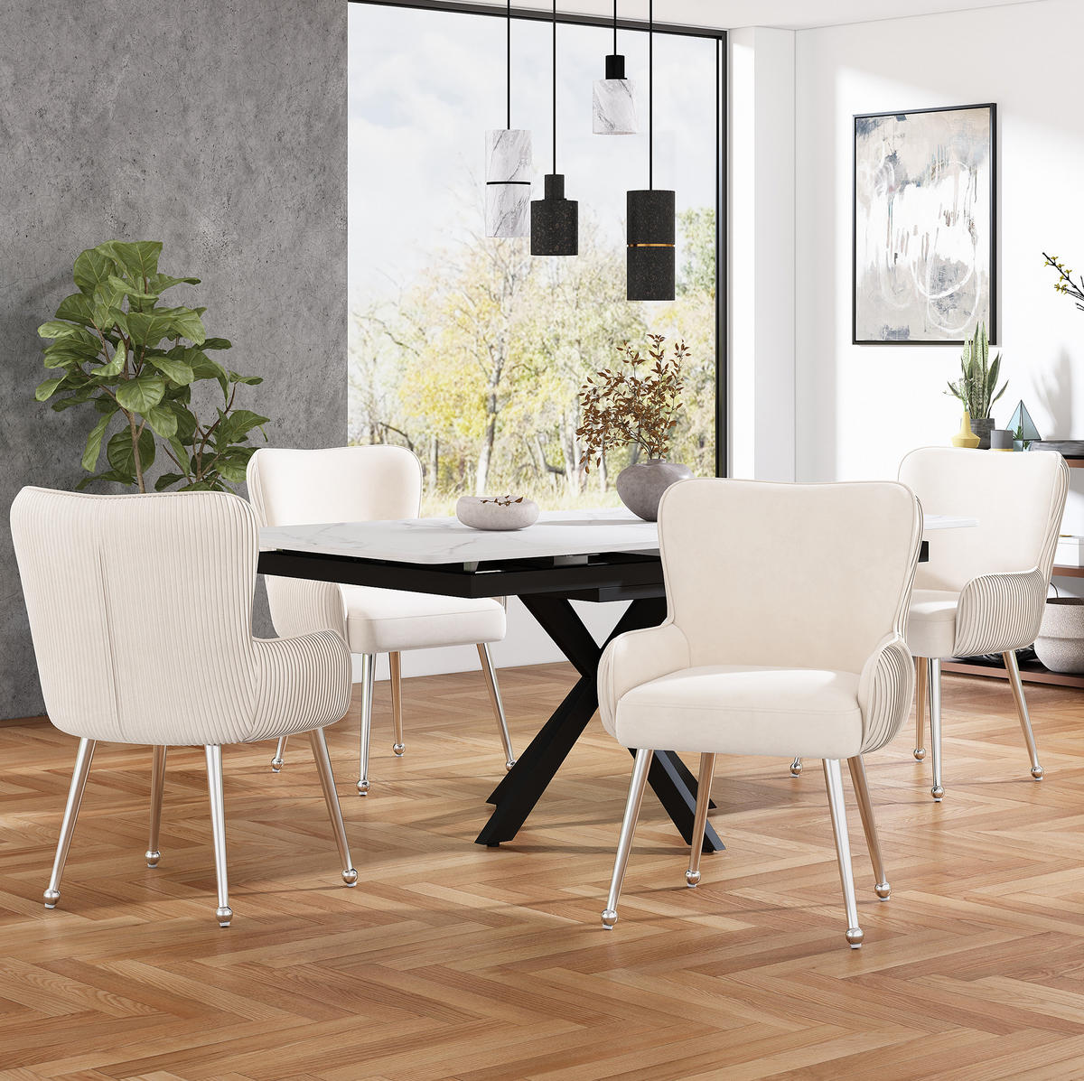 ESSZIMMERSTUHL 4er-Set Beige aus Samt mit Armlehnen - Beige, Textil (57/83/23cm)