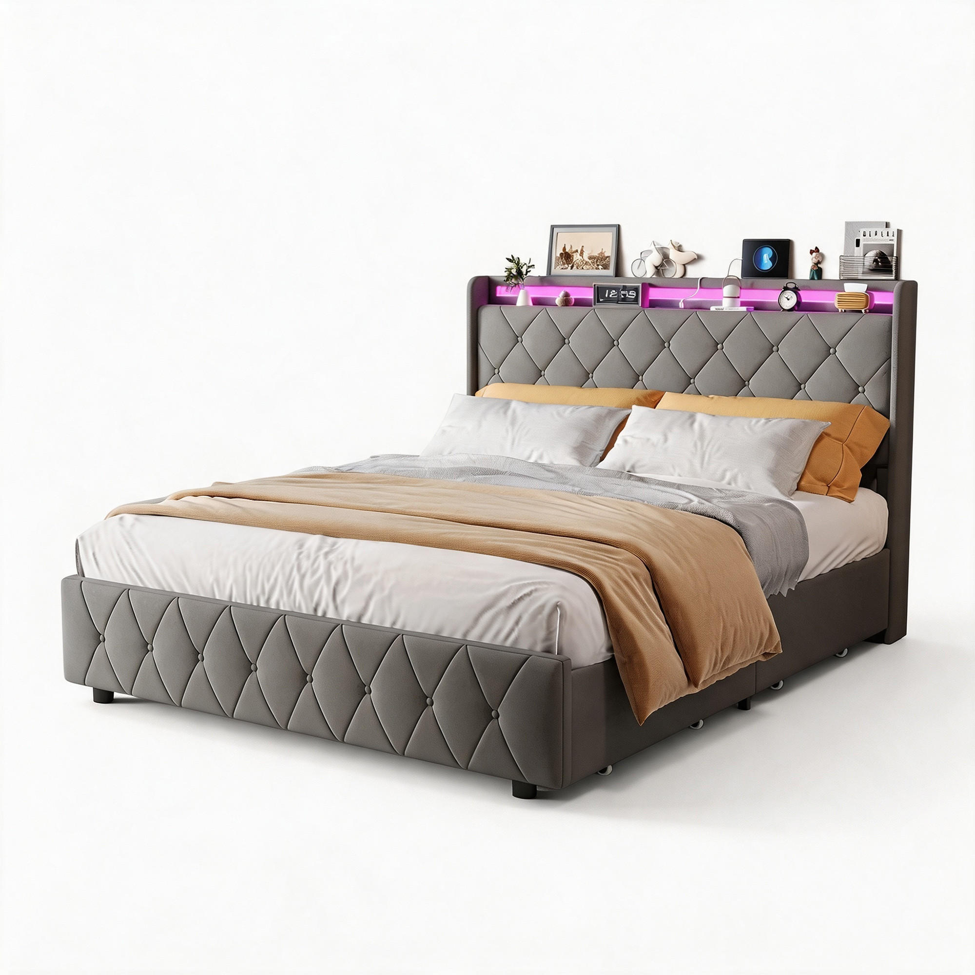 POLSTERBETT, LED-Beleuchtung Doppelbett 140x200cm mit Ladefunktion und 4 Schubladen, Samt, grau - Grau, Holz/Holzwerkstoff (140/200cm) - GENKI LIVING