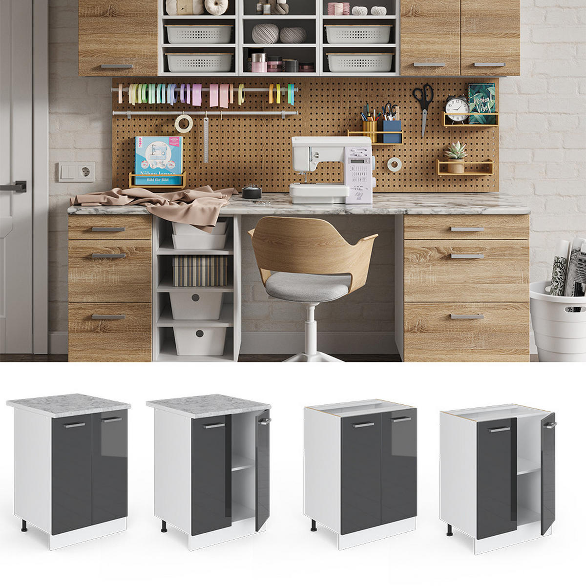 UNTERSCHRANK R-Line Anthrazit Hochglanz 60 cm mit Türen mit Arbeitsplatte - Anthrazit/Weiß, Holzwerkstoff (60/81.6/60cm) - Vicco