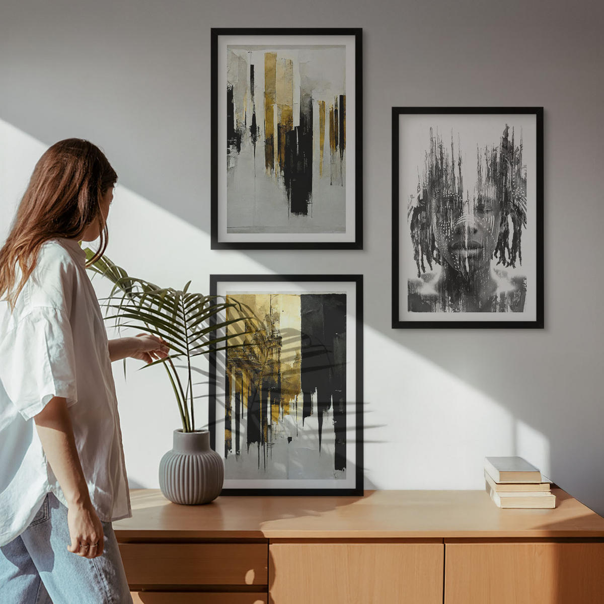 WANDBILDER 3er-Set - 40x60 cm Schwarzer Rahmen - Kontrastierende abstrakte Porträts - Schwarz, Kunststoff (40/60cm) - ArtPrintCave