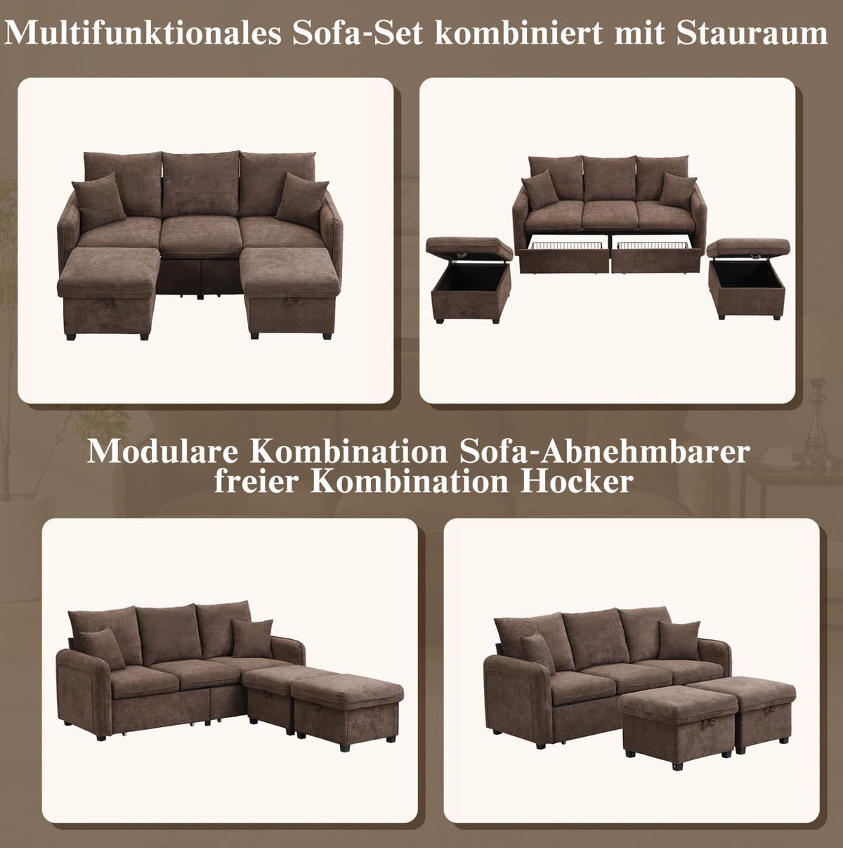 ECKSOFA-SET Chenille mit Stauraum und Schlaffunktion 3-Sitzer und 2 Hocker 188/186/86 cm Dunkelbraun - Dunkelbraun, Kunststoff/Textil (186/188cm) - Redom
