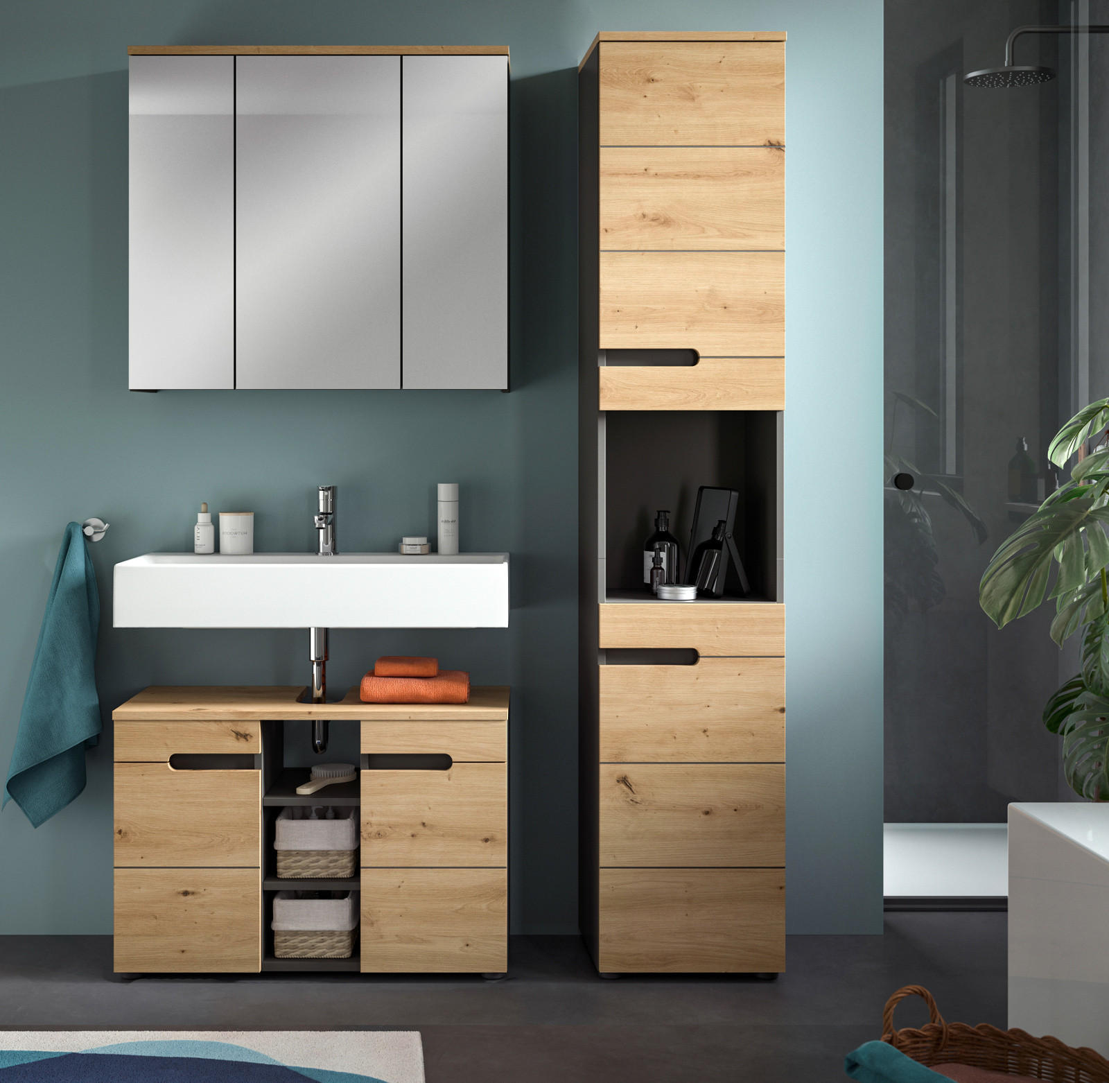 BADMÖBEL-SET Eiche, grau 3-teilig 133 cm, Komplettset mit Soft-Close - Schwarz/Eiche Artisan, Glas/Holzwerkstoff (133/193/34cm) - Inn.Furn