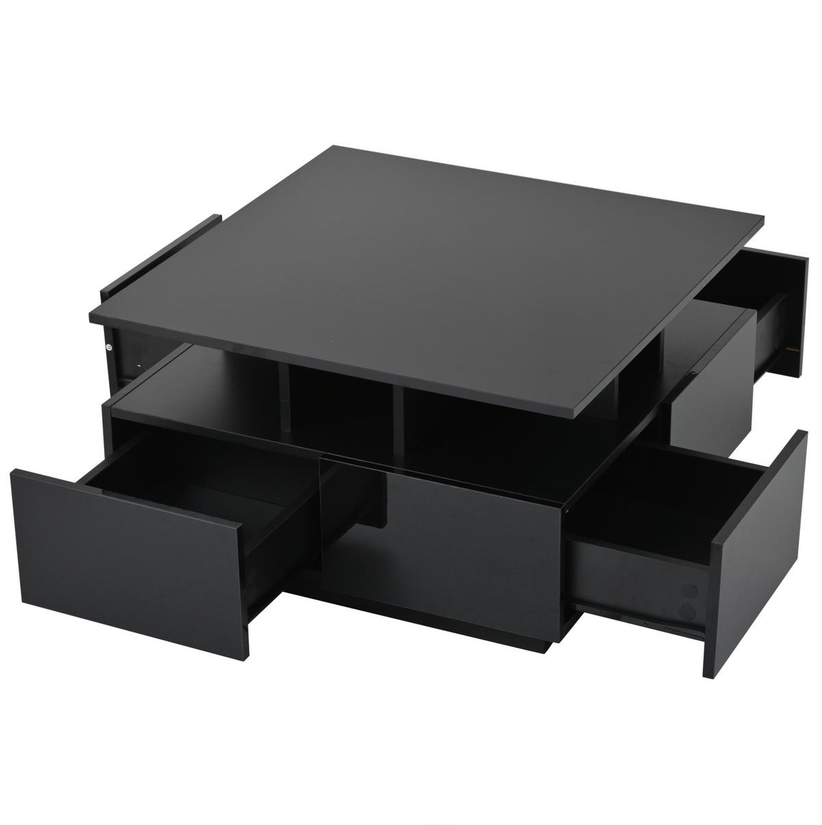 COUCHTISCH aus Spanplatte 70x70x40 cm Schwarz mit LED-Beleuchtung, 4 Schubladen und Hochglanzoberfläche - Schwarz, Holzwerkstoff (70/70/40cm) - Modfu