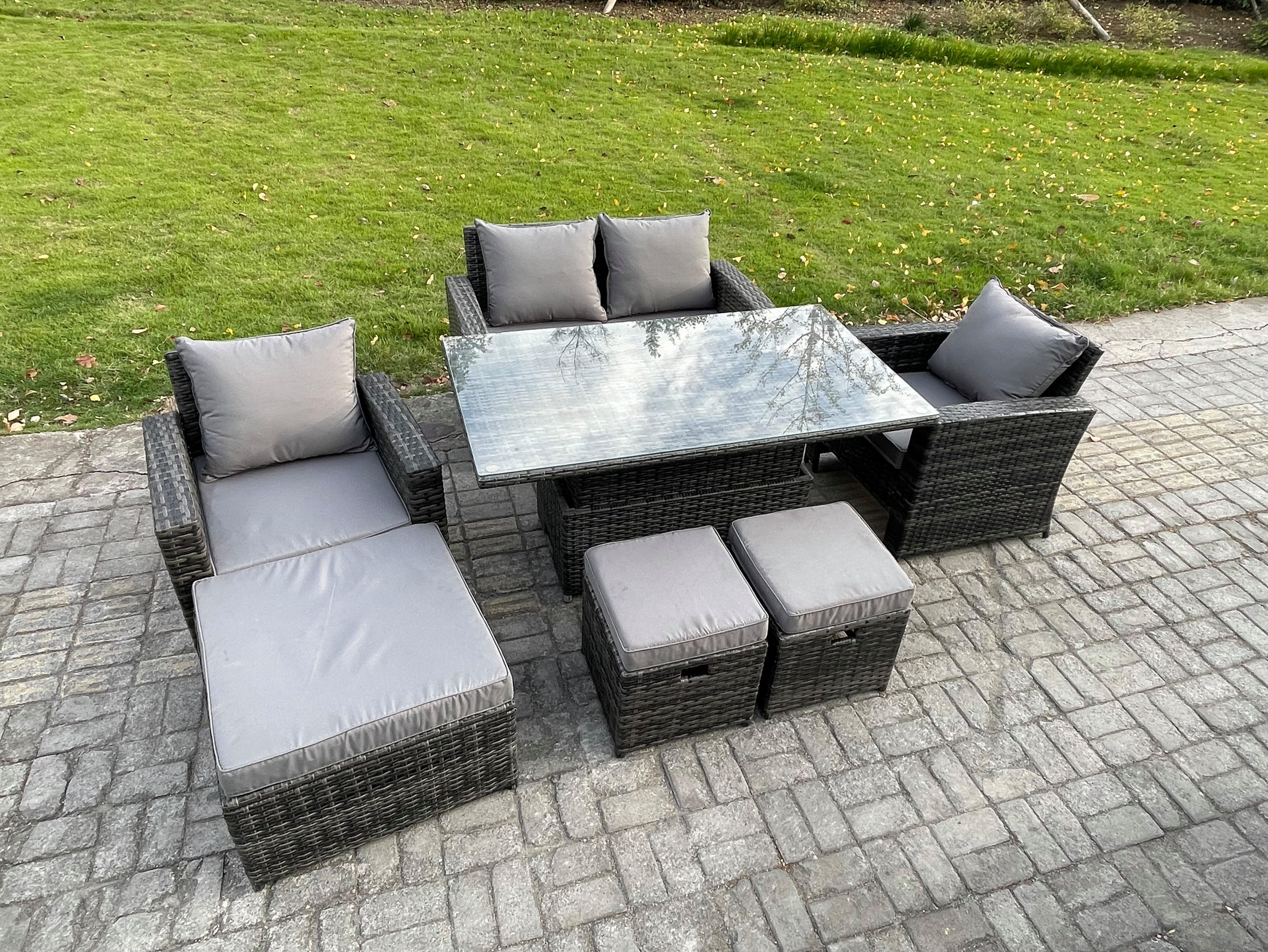 GARTENMÖBEL-SET mit Kissen Polyrattan Dunkelgrau 7-Sitzer - Dunkelgrau, Metall - Fimous