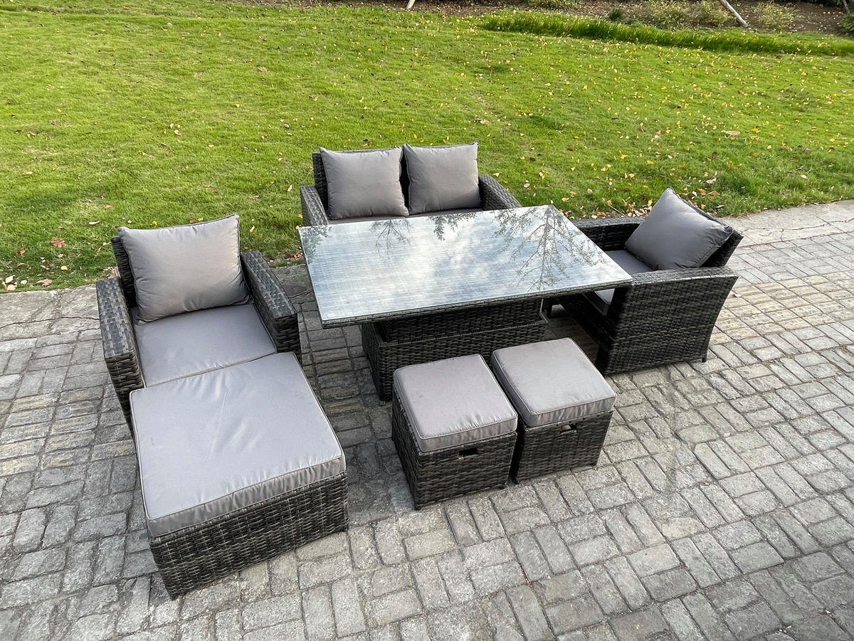 GARTENMÖBEL-SET mit Kissen Polyrattan Dunkelgrau 7-Sitzer - Dunkelgrau, Metall - Fimous
