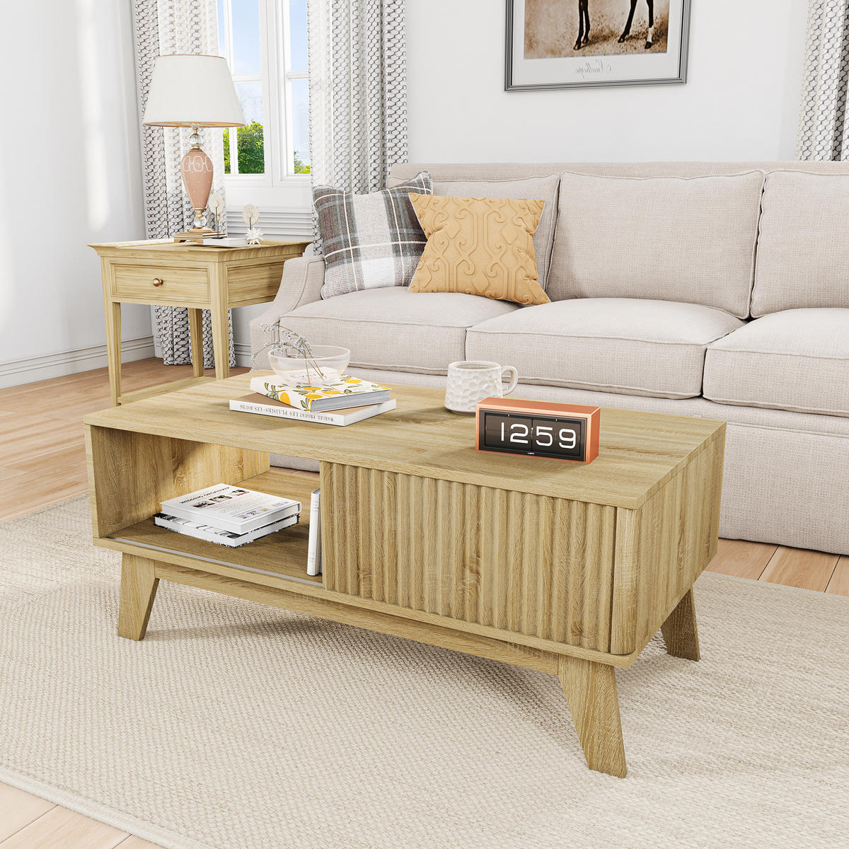 COUCHTISCH holzoptik mit schiebetür und offenem fach - Eichefarben, Holz (95/41/48cm) - SHOPENTRA
