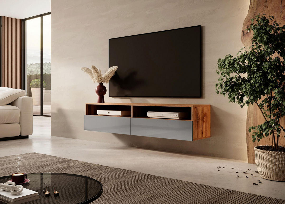 TV-LOWBOARD Rednaw mit LED Eiche/Grau Hochglanz 140/30/31 cm - Eichefarben, Holzwerkstoff (140/30/31cm) - Selsey