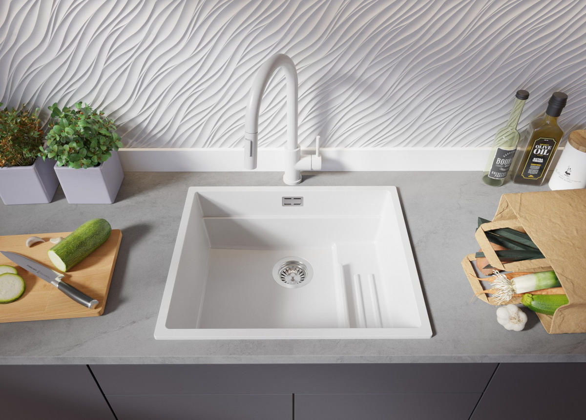 SPÜLBECKEN Praga Slim, 2-er set Weiß 56/47 cm 1 Becken + Ablauf-Set + Aufrollbare Abtropffläche ab 60er Unterschrank - Chromfarben/Weiß, Kunststoff (56/20/47cm) - Primagran