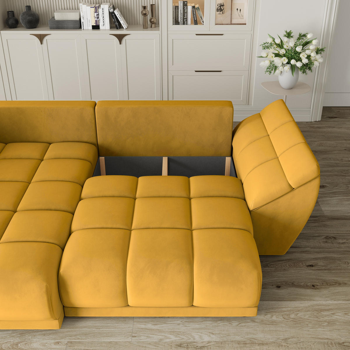 ECKSOFA ORENTI L-S Gelb Velours-Stoff mit Schlaffunktion - Gelb, Holz (287/182cm) - MASSENO