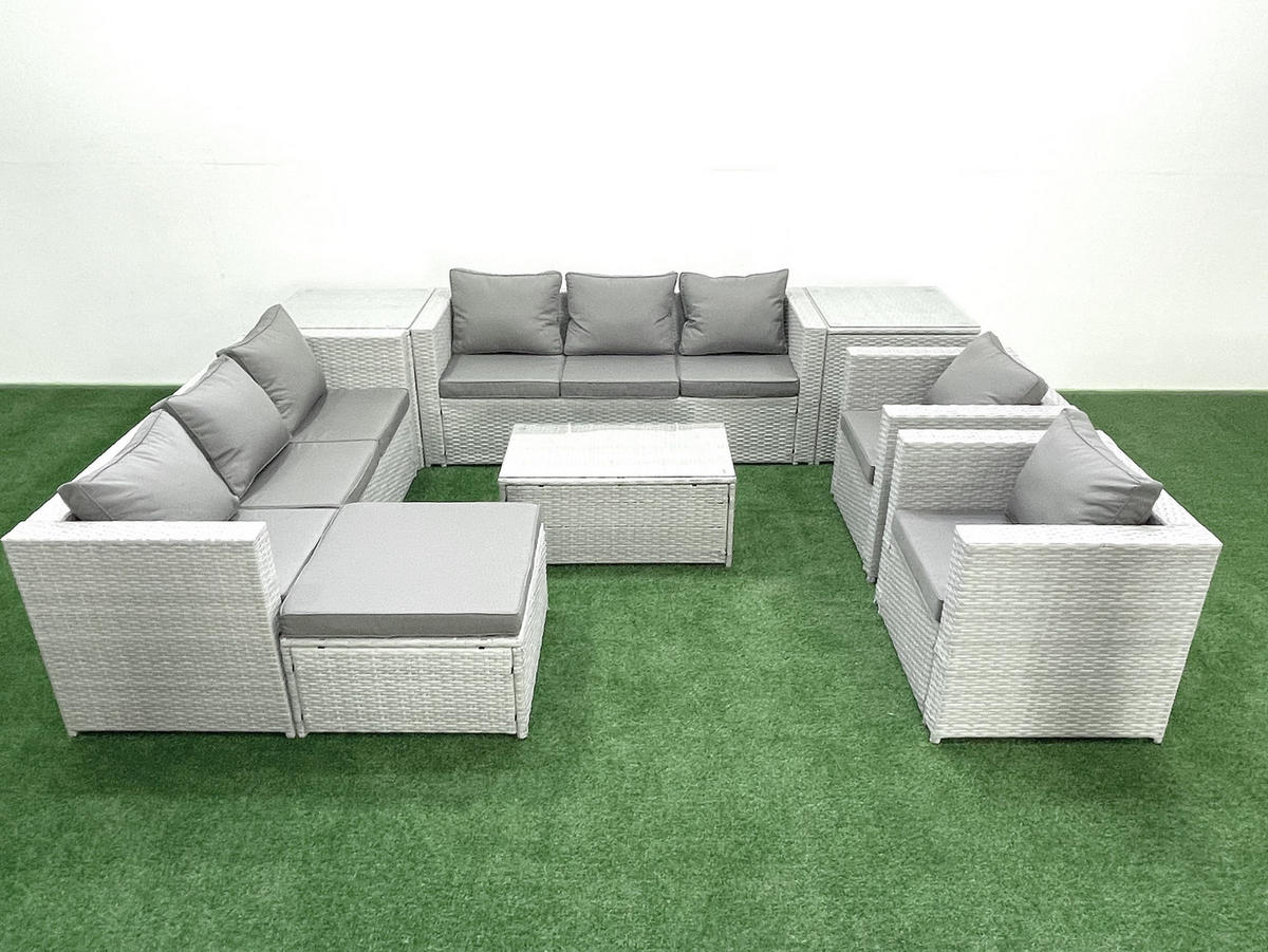 GARTENGARNITUR mit 3-SITZER SOFA,COUCHTISCH Polyrattan Hellgrau-Mix 9-Sitzer - Hellgrau/Grau, Glas/Kunststoff - Fimous