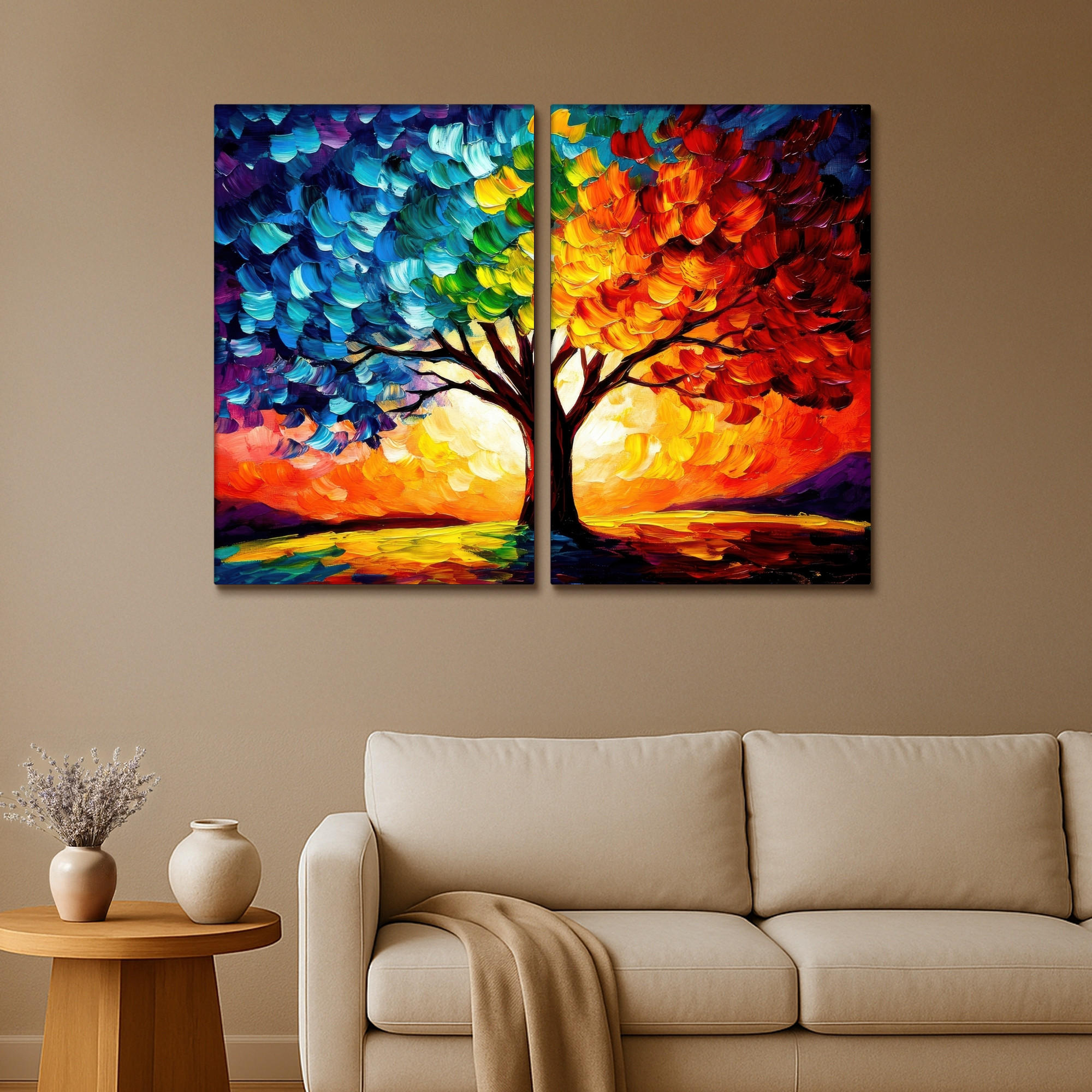 LEINWANDBILD 2er Set Baum - Farbenfroh - Malerei-Look - Abstrakt 120x90 cm - Multicolor, Textil (120/90cm) - MuchoWow