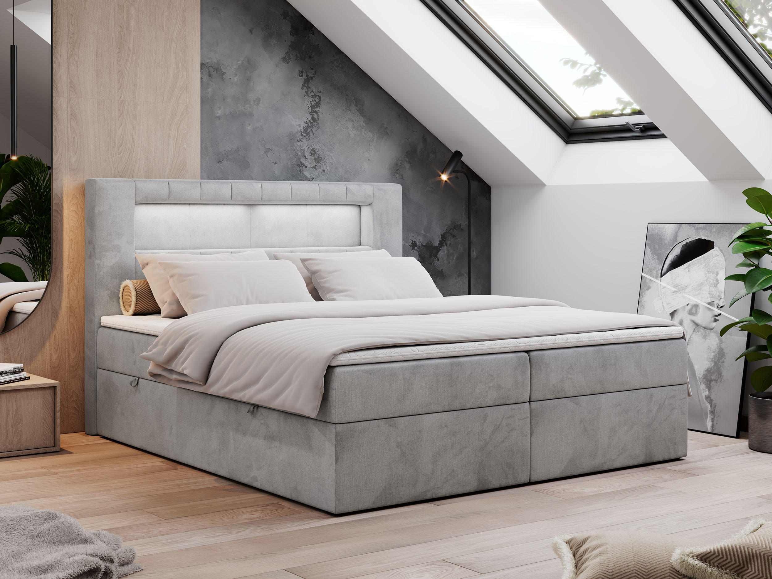 BOXBETT GOLD-5 LED 120/200 Hellgrau Velvet - H3 - Hellgrau, Holz/Textil (120/200cm) - MKS