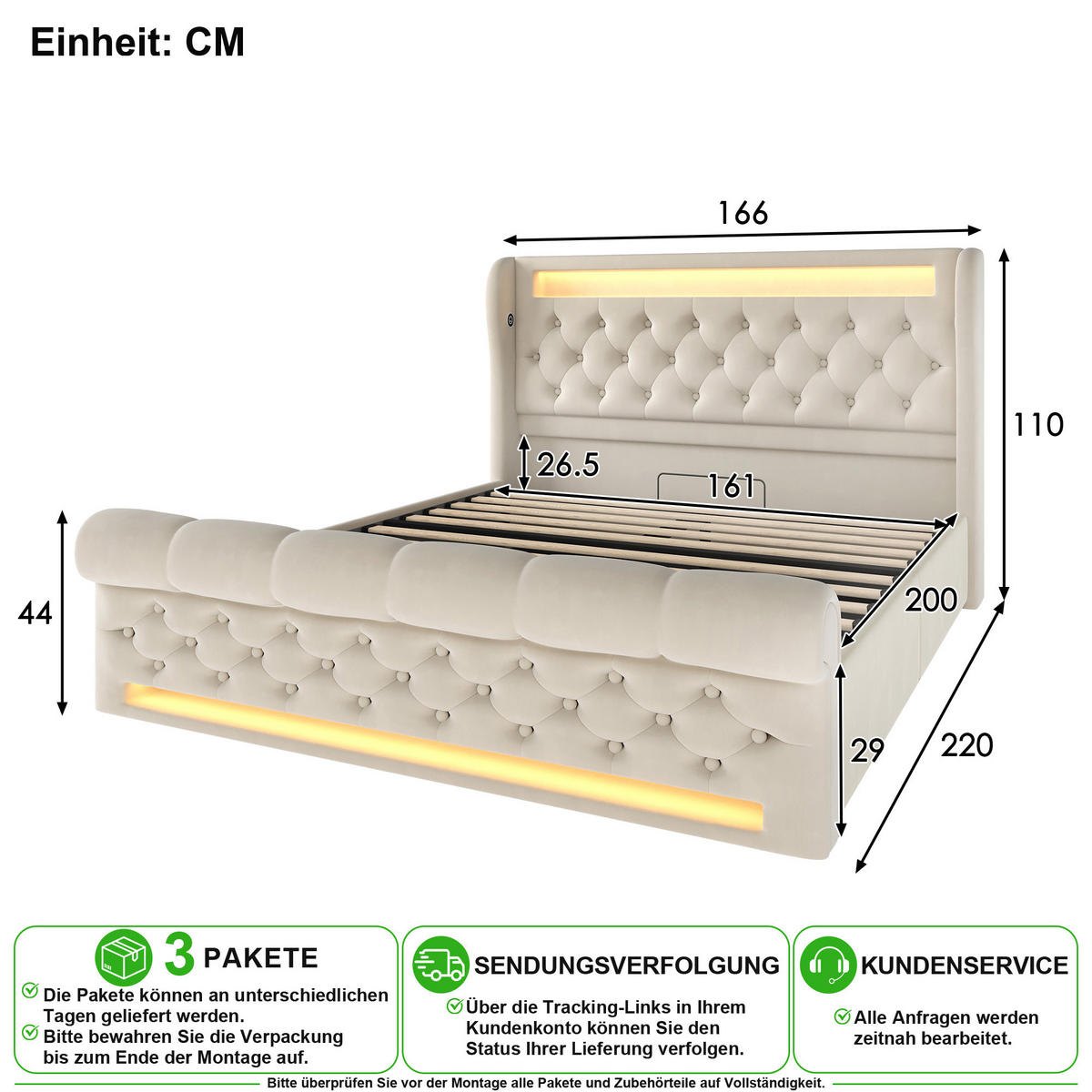 POLSTERBETT 160/200 cm in Beige Samt mit Bettkasten, LED und Matratze - Beige, Holzwerkstoff/Textil (160/200cm) - CHICFURN