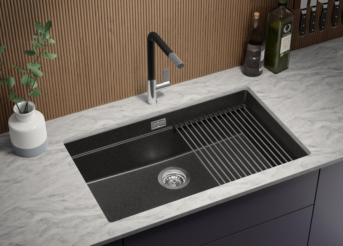 UNTERBAUSPÜLE GRANIT Praga, 2-er set Anthrazit 76/47 cm 1 Becken + Ablauf-Set + Aufrollbare Abtropffläche ab 80er Unterschrank - Chromfarben/Anthrazit, Kunststoff (76/20/47cm) - Primagran