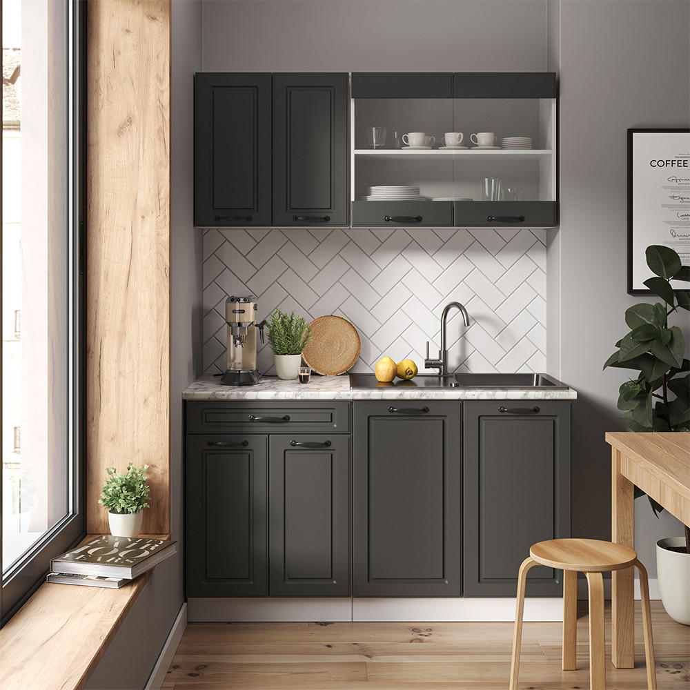 SINGLEKÜCHE R-Line Anthrazit Landhaus/Weiß 140 cm, AP Marmor - Anthrazit/Weiß, Holzwerkstoff (140/81.6/60cm) - Vicco