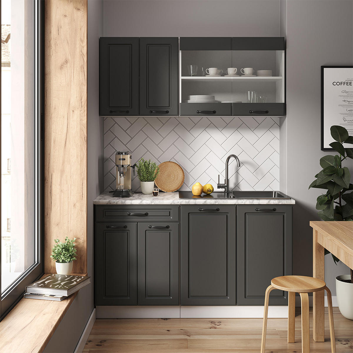 SINGLEKÜCHE R-Line Anthrazit Landhaus/Weiß 140 cm, AP Anthrazit - Dunkelgrau/Anthrazit, Holzwerkstoff (140/81.6/60cm) - Vicco