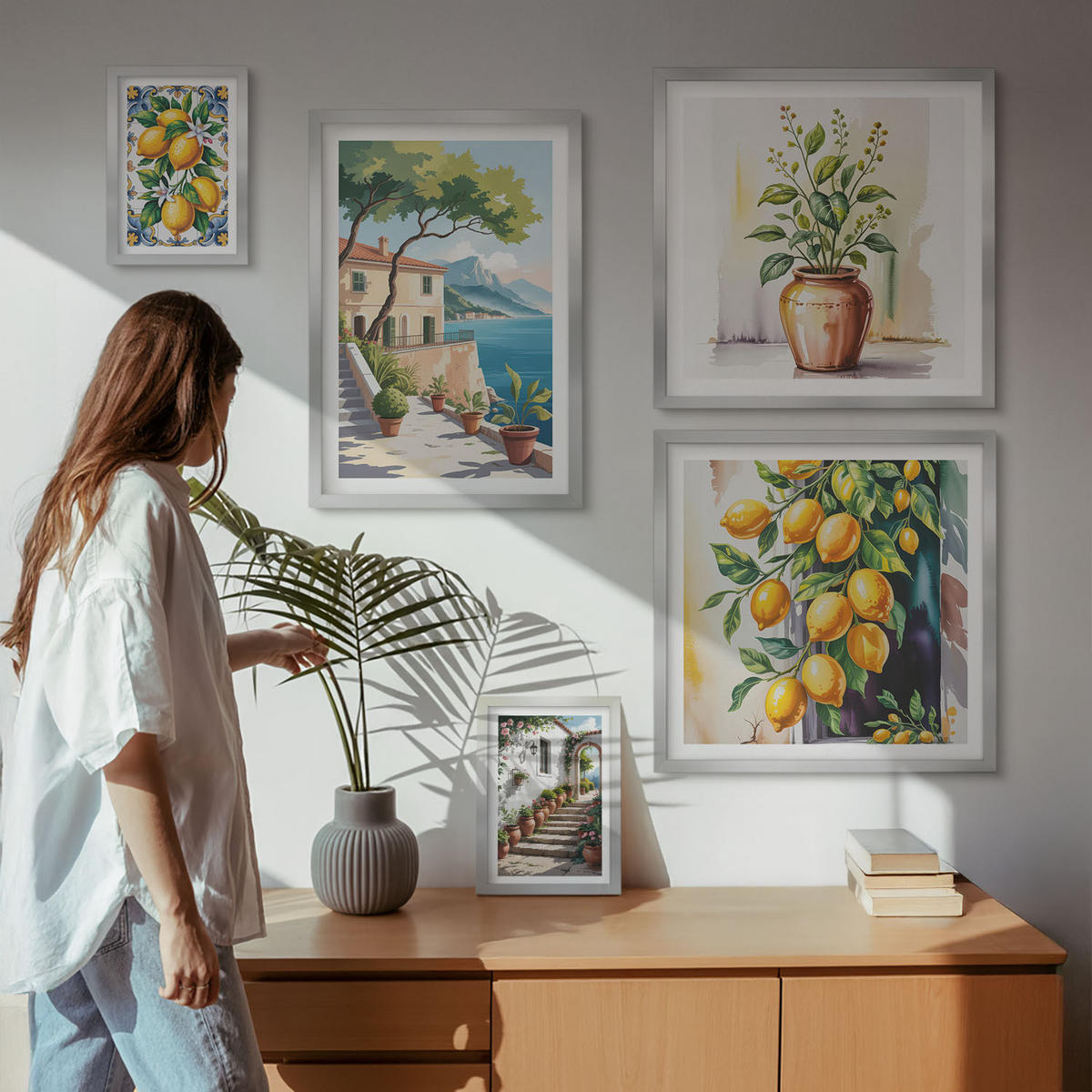 WANDBILDER 5er Set - 50x50 cm & 20x30 cm & 40x60 cm Silberner Rahmen - Zitrusbaum im Fenster am Meer - Silberfarben, Kunststoff (40/60cm) - ArtPrintCave