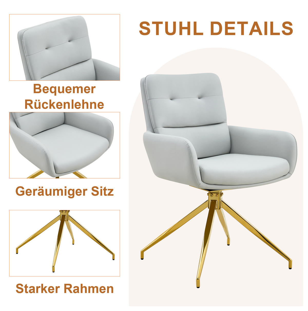 ESSGRUPPE rund 85 cm Glas Gold mit 4 Drehstühlen Hellgrau - Transparent, Metall (85/76/85cm) - Meubliv