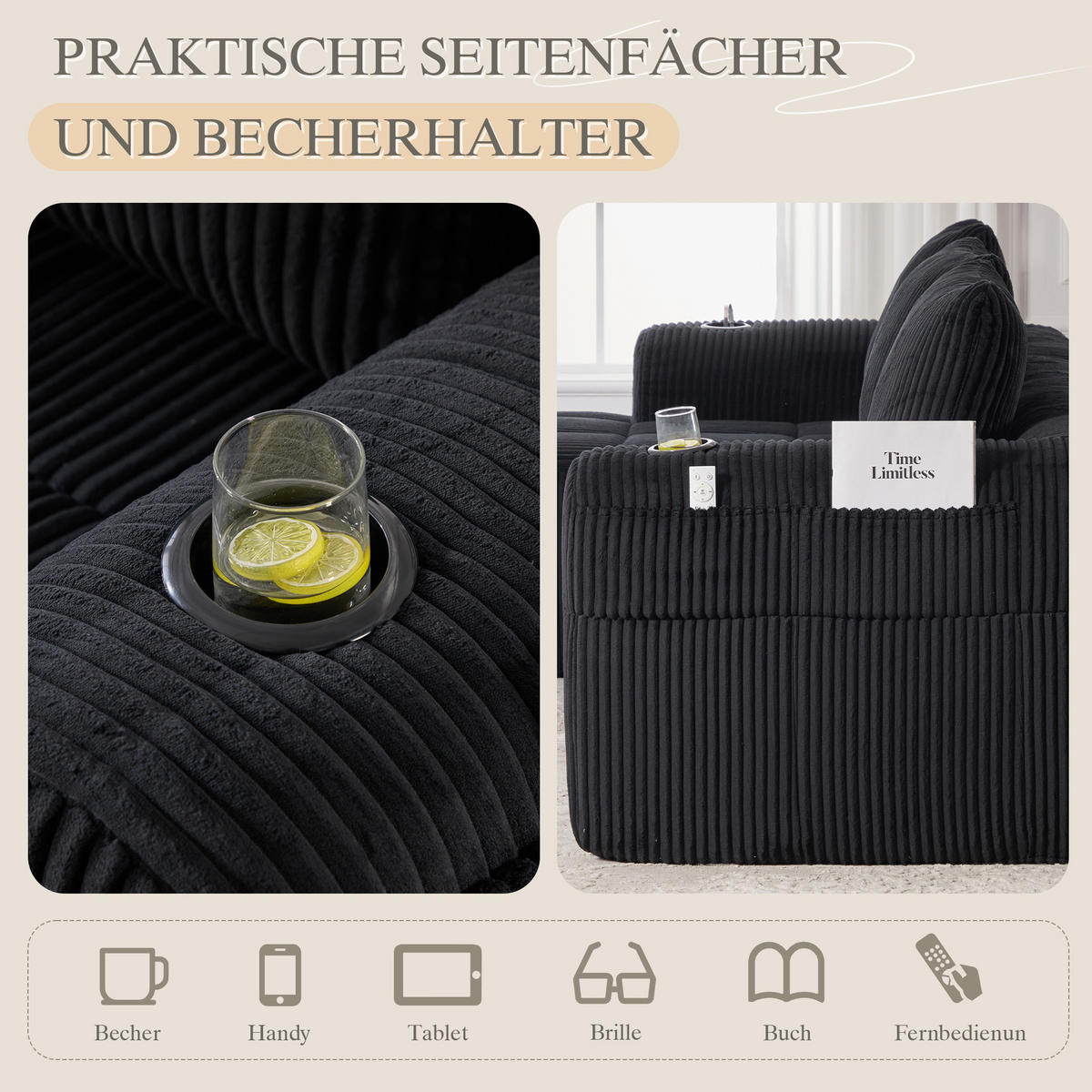 KOMPAKTSOFA Cord mit modularer DIY-Kombination Seitentaschen und Becherhalter 253/158/61 cm Schwarz - Schwarz, Textil (158/253cm) - Redom