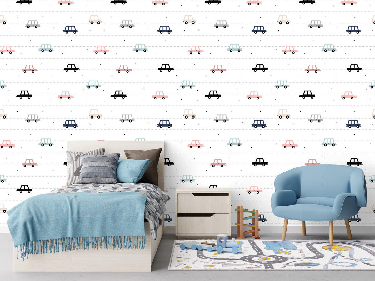VLIESTAPETE Autos im skandinavischen Stil – Pastellbunt, Weiß – 50x1000 cm - Multicolor/Weiß, Papier (50/1000cm) - Muralo