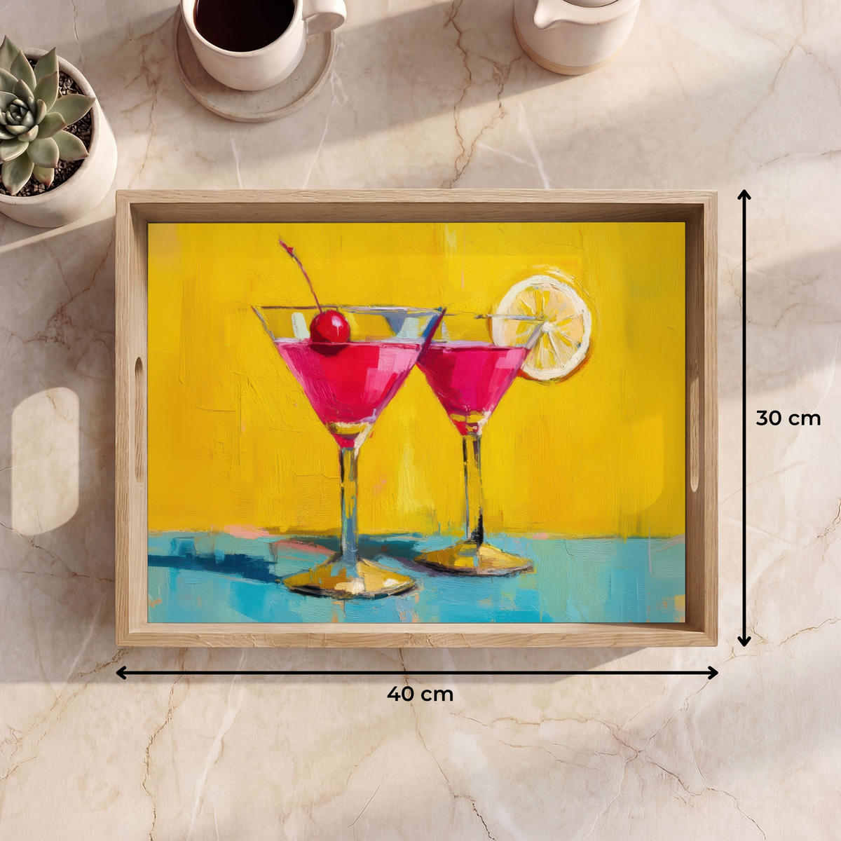 SERVÍROVACÍ PODNOS Sklenice - Koktejl - Citron - Třešeň 40x30 cm - žlutá, dřevo (40/5/5cm) - OnlyWow