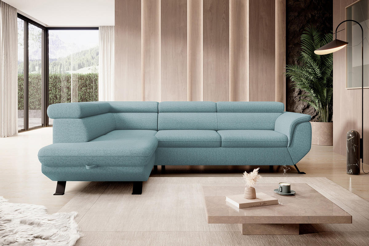ECKSOFA RAVEN L mit Schlaffunktion und Bettkasten, Freistehend, Polstersofa mit Verstellbaren Kopfstützen, 257x198x96 cm, Linke, Hellblau - Hellblau, Holz/Textil (198/256cm) - DomoHome